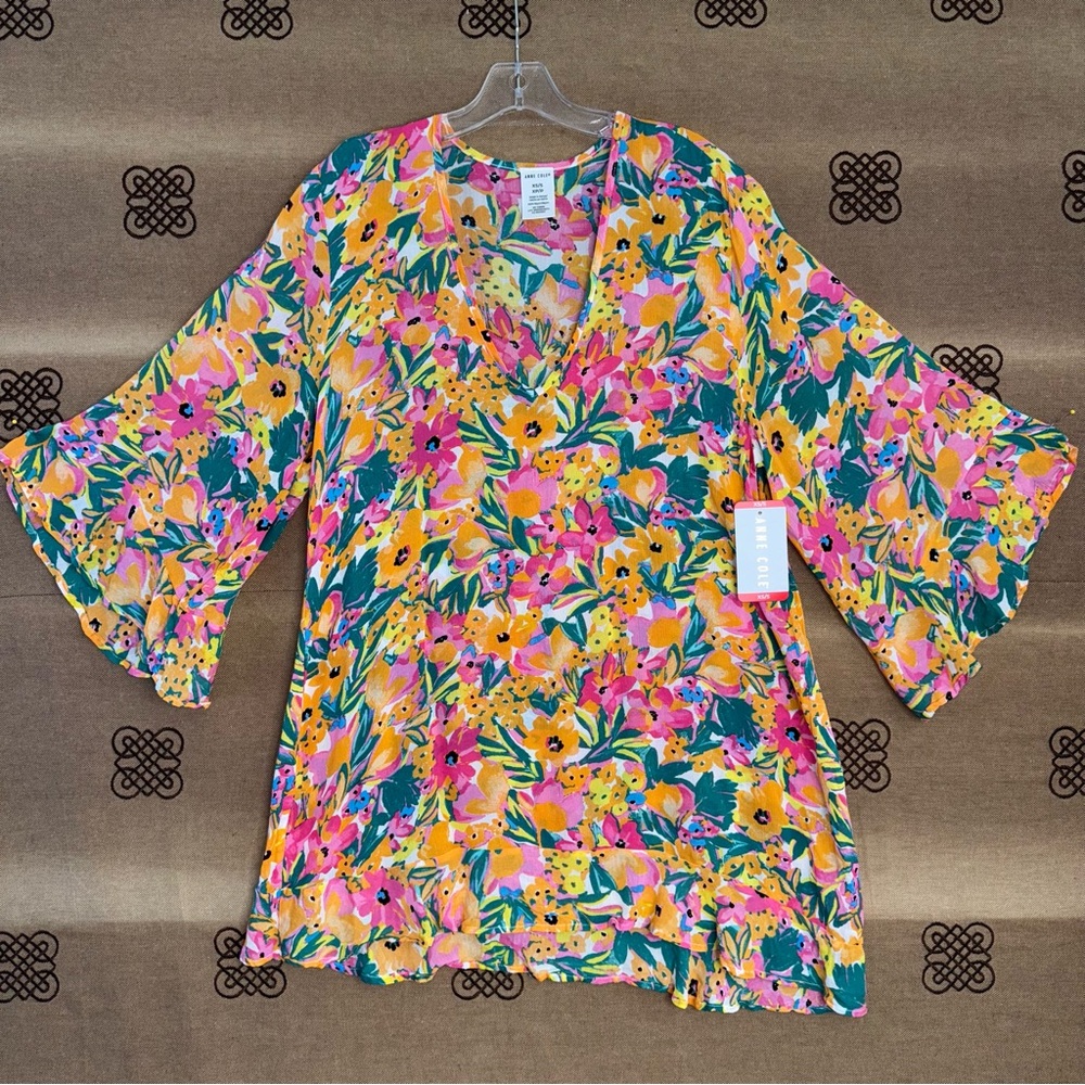 Anne Cole NWT! Women'S Floral-Print Sunshine Flounce V-Neck Tunic Cover-Up - Picture 2 of 15